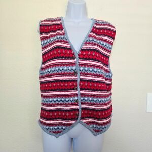 Vintage 90s Fair Isle Cotton Knit Vest Red White Blue Size Large
